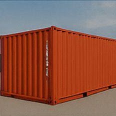 Container dry 20 pes laranja visto de lado em patio