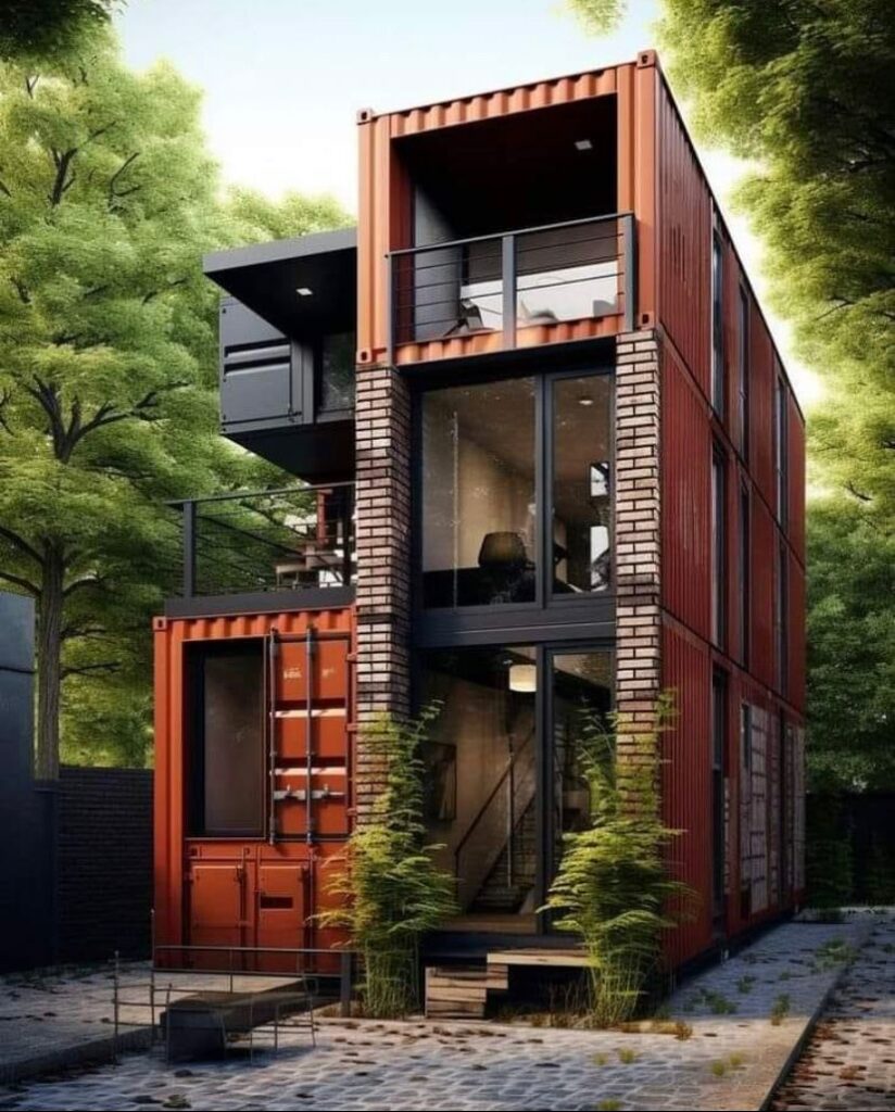Renderizacao 3D de casa container high cube vermelha